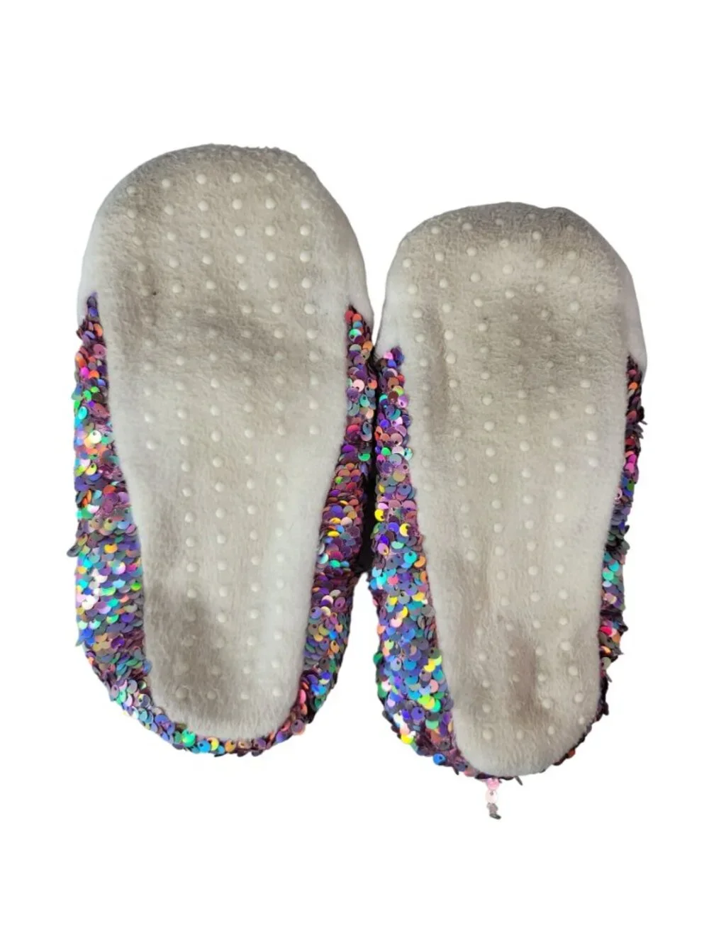 Target Unicorn Sequin Grippers Slippers White Faux Sherpa Silver Booties READ